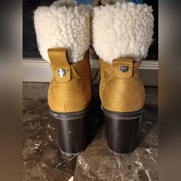 Nine West Tan Suede 4" Block Heel Boots with Red Laces - Picture 5 of 14